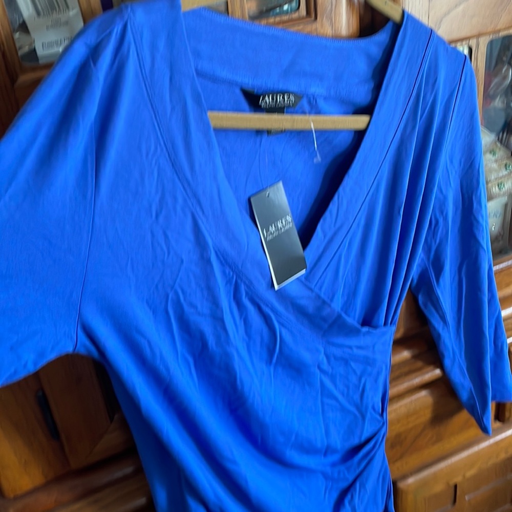 Womens Ralph Lauren top, new with tags, blue with side gather, classy look